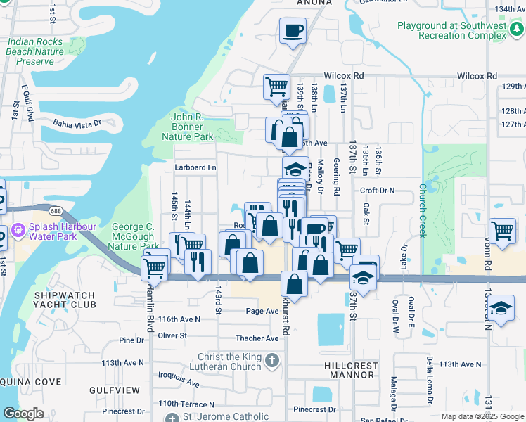 map of restaurants, bars, coffee shops, grocery stores, and more near 12046 Indian Rocks Road in Largo