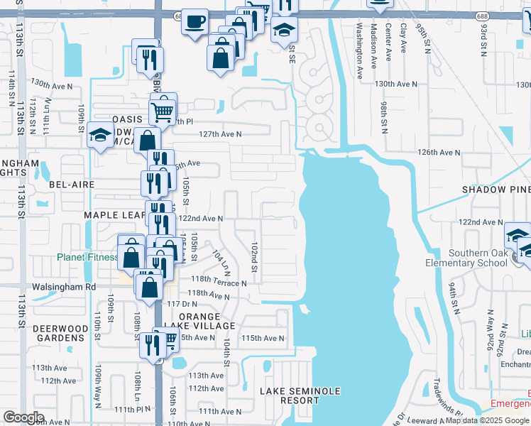 map of restaurants, bars, coffee shops, grocery stores, and more near 10240 Sailwinds Boulevard North in Largo