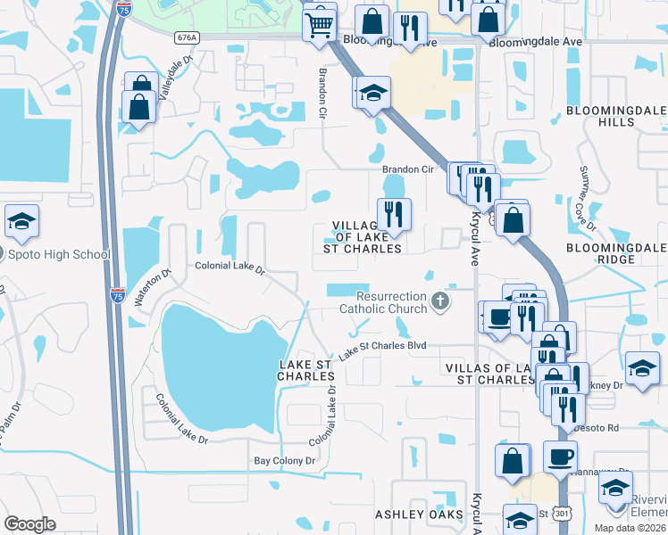 map of restaurants, bars, coffee shops, grocery stores, and more near 6330 Gondola Drive in Riverview