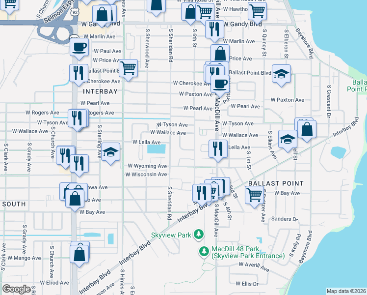 map of restaurants, bars, coffee shops, grocery stores, and more near 3208 West Leila Avenue in Tampa
