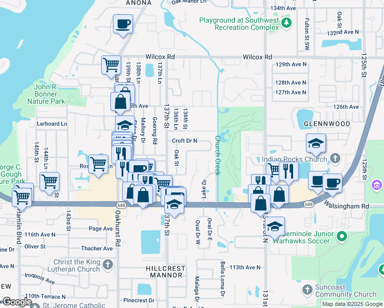 map of restaurants, bars, coffee shops, grocery stores, and more near 12877 Palm Drive in Largo