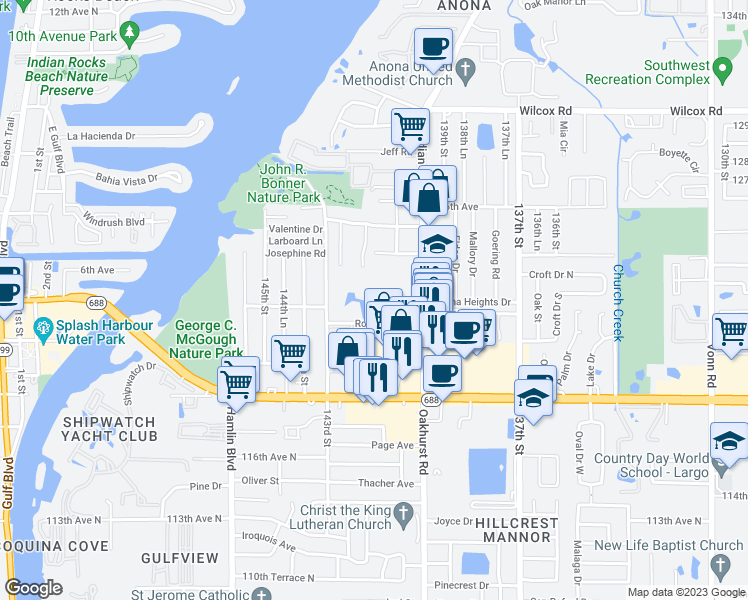 map of restaurants, bars, coffee shops, grocery stores, and more near 12046 Indian Rocks Road in Largo