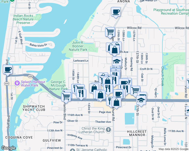 map of restaurants, bars, coffee shops, grocery stores, and more near 12132 143rd Street North in Largo