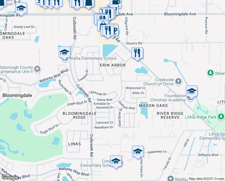 map of restaurants, bars, coffee shops, grocery stores, and more near 2540 Clareside Drive in Valrico