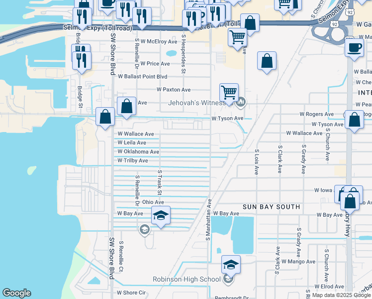 map of restaurants, bars, coffee shops, grocery stores, and more near 4423 West Trilby Avenue in Tampa