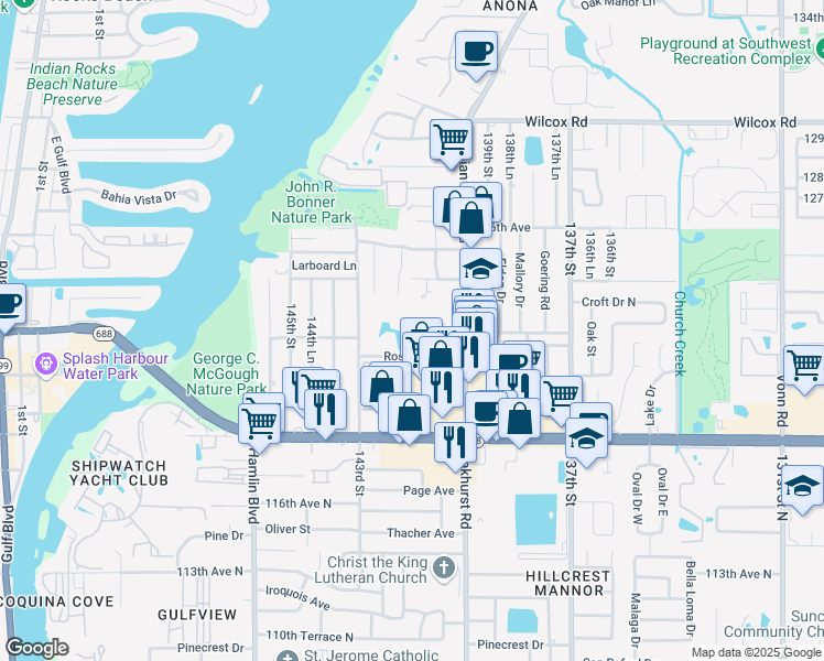 map of restaurants, bars, coffee shops, grocery stores, and more near 12046 Indian Rocks Road in Largo