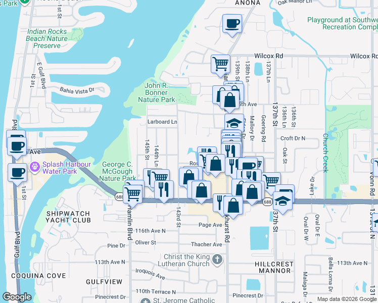 map of restaurants, bars, coffee shops, grocery stores, and more near 14130 Rosemary Lane in Largo