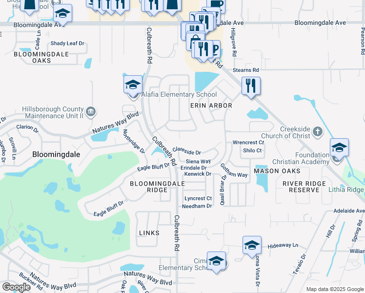 map of restaurants, bars, coffee shops, grocery stores, and more near 2504 Clareside Drive in Valrico