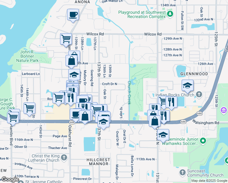 map of restaurants, bars, coffee shops, grocery stores, and more near 12877 Palm Drive in Largo