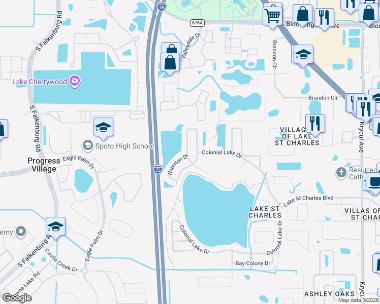 map of restaurants, bars, coffee shops, grocery stores, and more near 6705 Waterton Drive in Riverview