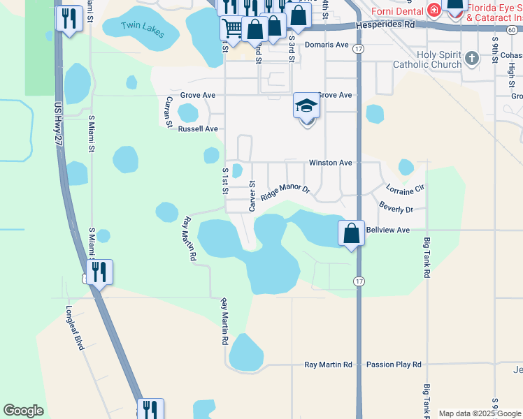 map of restaurants, bars, coffee shops, grocery stores, and more near 1105 Peninsular Drive in Lake Wales