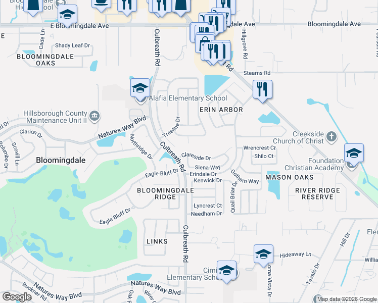 map of restaurants, bars, coffee shops, grocery stores, and more near 2511 Clareside Drive in Valrico