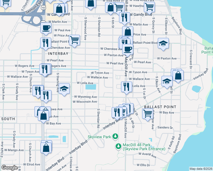 map of restaurants, bars, coffee shops, grocery stores, and more near 3208 West Leila Avenue in Tampa