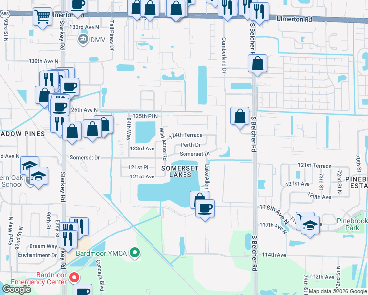 map of restaurants, bars, coffee shops, grocery stores, and more near 8154 Somerset Drive in Largo