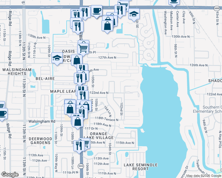 map of restaurants, bars, coffee shops, grocery stores, and more near 10410 122nd Avenue in Largo