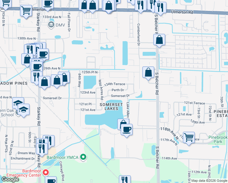 map of restaurants, bars, coffee shops, grocery stores, and more near 8154 Somerset Drive in Largo