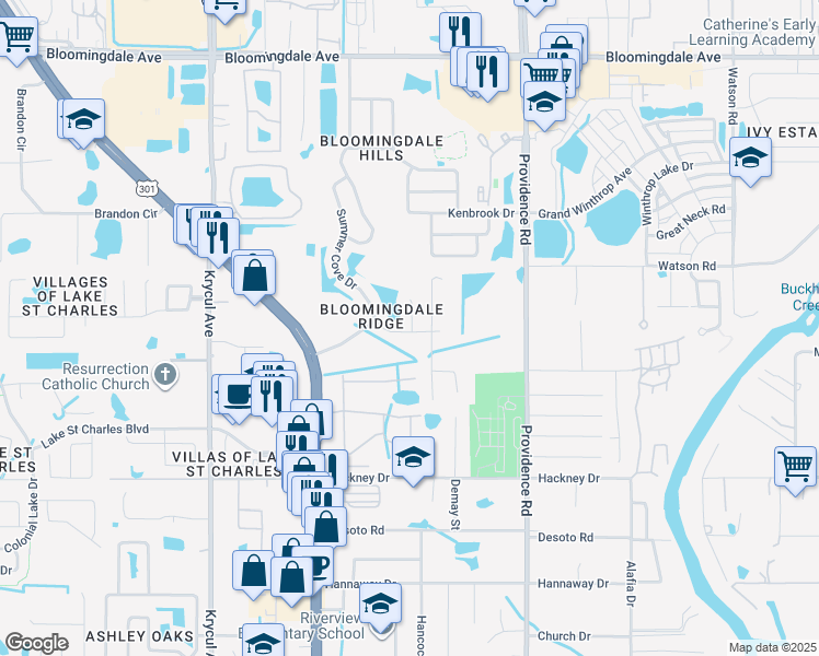 map of restaurants, bars, coffee shops, grocery stores, and more near 6801 Summer Cove Drive in Riverview