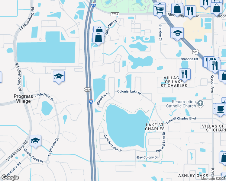 map of restaurants, bars, coffee shops, grocery stores, and more near 6803 Waterton Drive in Riverview