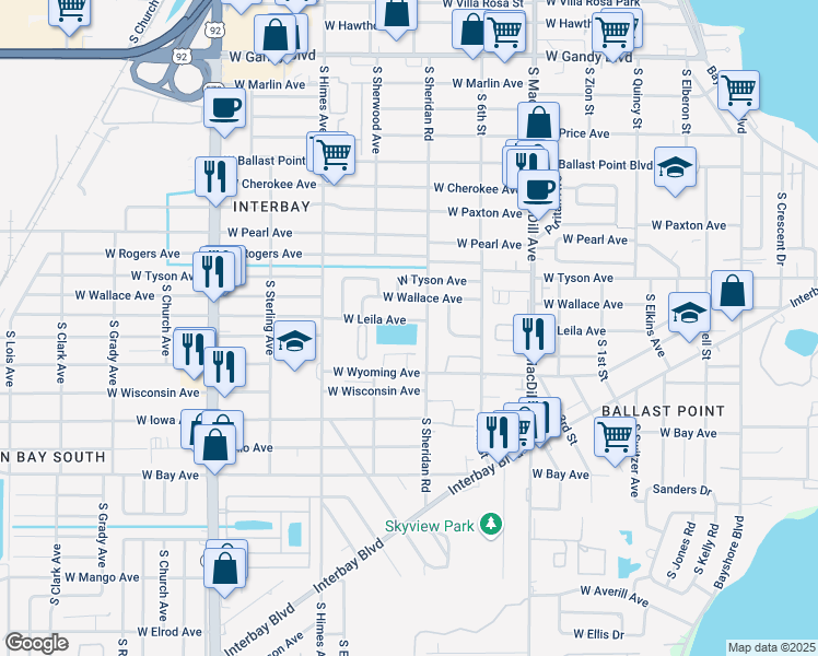 map of restaurants, bars, coffee shops, grocery stores, and more near 3319 West Wyoming Circle in Tampa