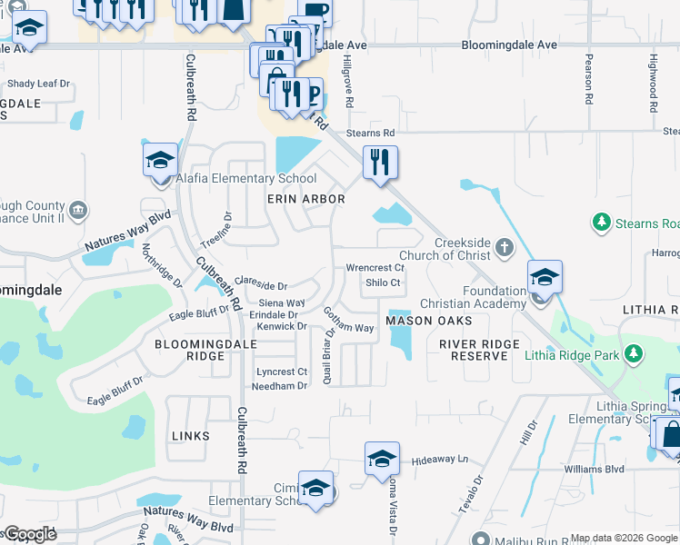 map of restaurants, bars, coffee shops, grocery stores, and more near 2632 Wrencrest Circle in Valrico