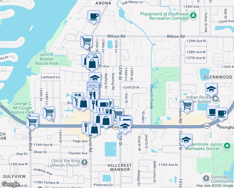 map of restaurants, bars, coffee shops, grocery stores, and more near 13747 Anona Heights Drive in Largo
