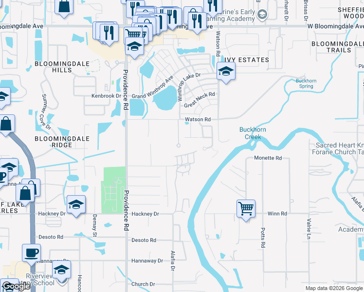map of restaurants, bars, coffee shops, grocery stores, and more near 6532 Watson Road in Riverview
