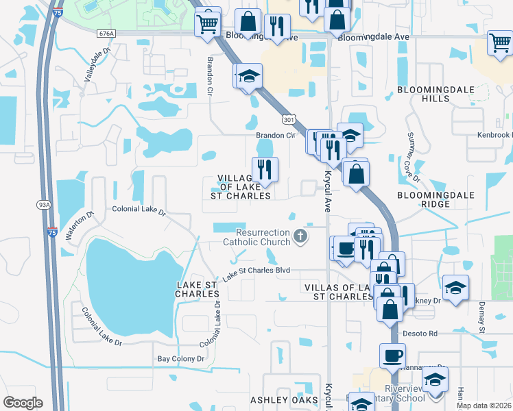map of restaurants, bars, coffee shops, grocery stores, and more near 6304 Calamari Place in Riverview
