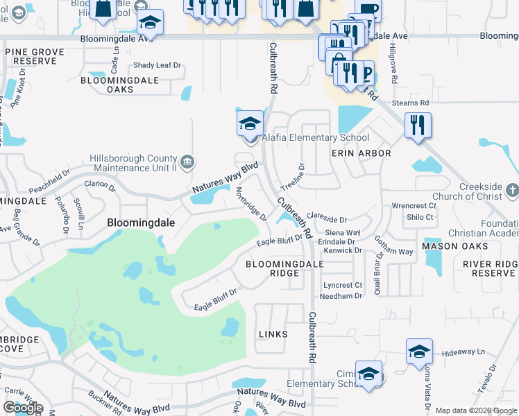 map of restaurants, bars, coffee shops, grocery stores, and more near 3813 Northridge Drive in Valrico