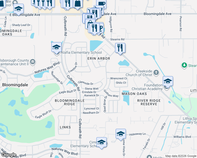 map of restaurants, bars, coffee shops, grocery stores, and more near 3810 Cold Creek Drive in Valrico