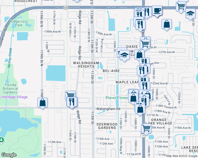 map of restaurants, bars, coffee shops, grocery stores, and more near 11201 122nd Avenue North in Largo