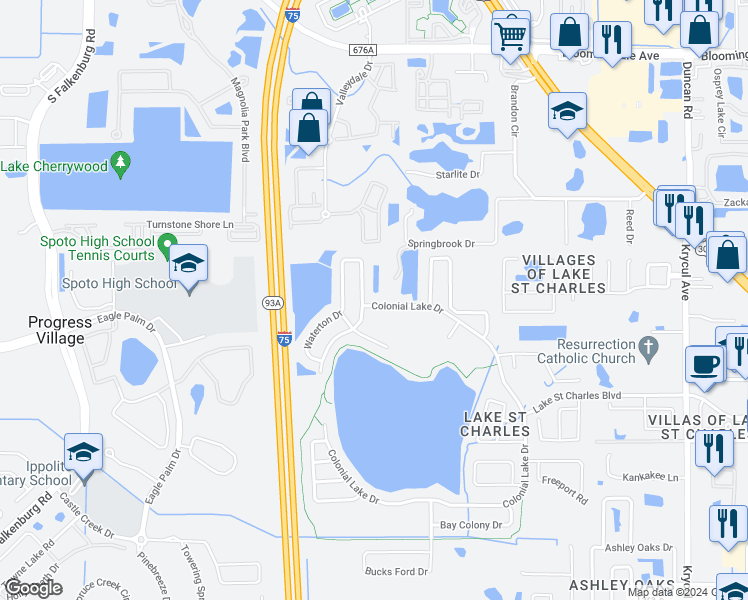 map of restaurants, bars, coffee shops, grocery stores, and more near 6604 Colonial Lake Drive in Riverview