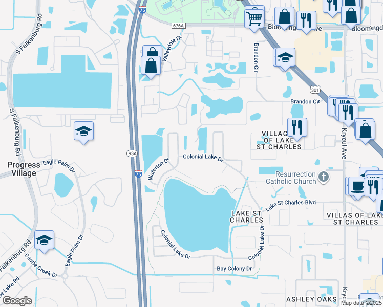 map of restaurants, bars, coffee shops, grocery stores, and more near 6612 Colonial Lake Drive in Riverview