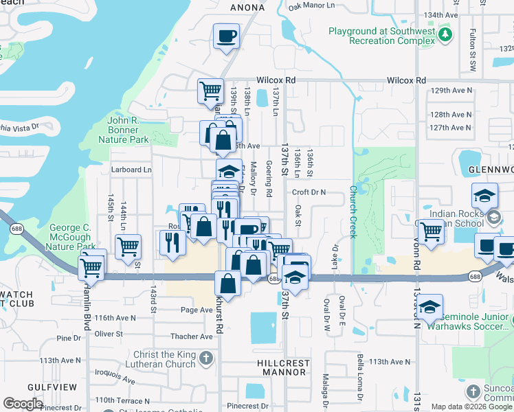 map of restaurants, bars, coffee shops, grocery stores, and more near 12255 Mallory Drive in Largo