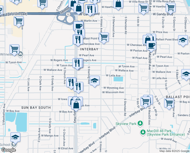 map of restaurants, bars, coffee shops, grocery stores, and more near 3608 West Wallace Avenue in Tampa