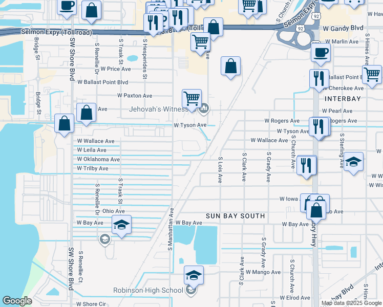 map of restaurants, bars, coffee shops, grocery stores, and more near 4338 Wallace Circle in Tampa
