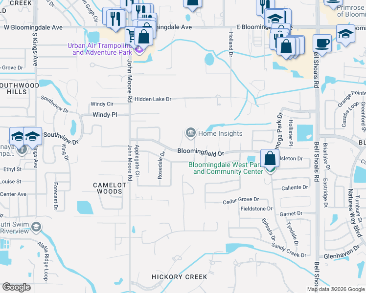 map of restaurants, bars, coffee shops, grocery stores, and more near 3908 Buttonwood Court in Brandon