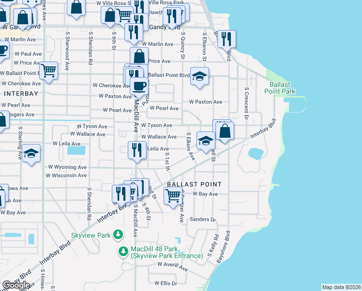 map of restaurants, bars, coffee shops, grocery stores, and more near 2802 West Wallace Avenue in Tampa