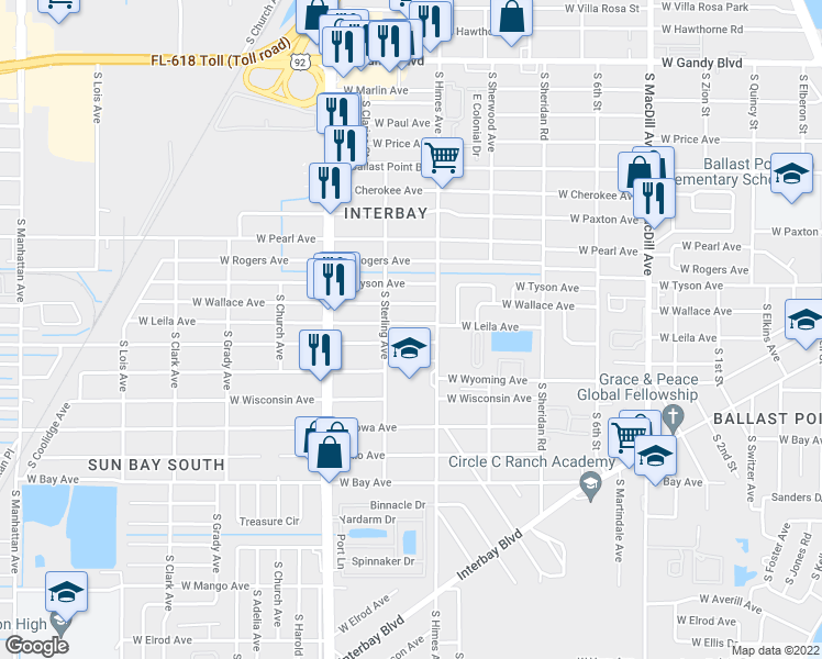 map of restaurants, bars, coffee shops, grocery stores, and more near 3608 West Wallace Avenue in Tampa