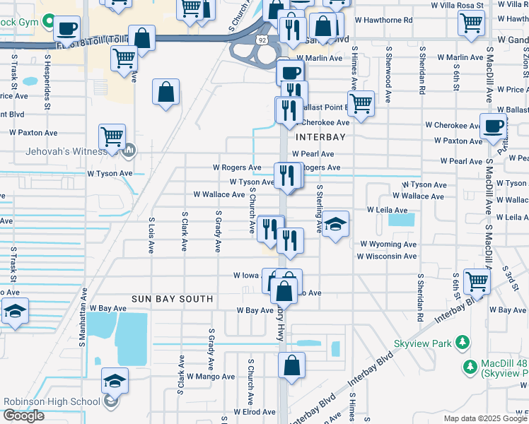 map of restaurants, bars, coffee shops, grocery stores, and more near 3808 West Wallace Avenue in Tampa