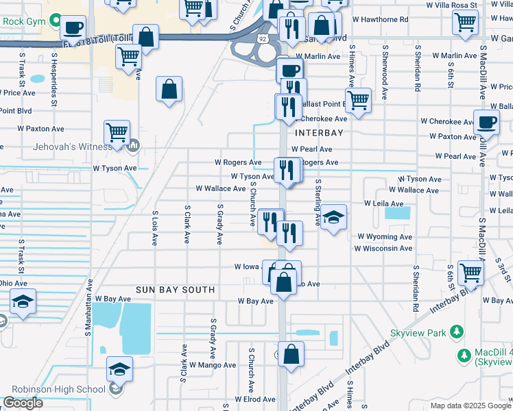 map of restaurants, bars, coffee shops, grocery stores, and more near 3808 West Wallace Avenue in Tampa