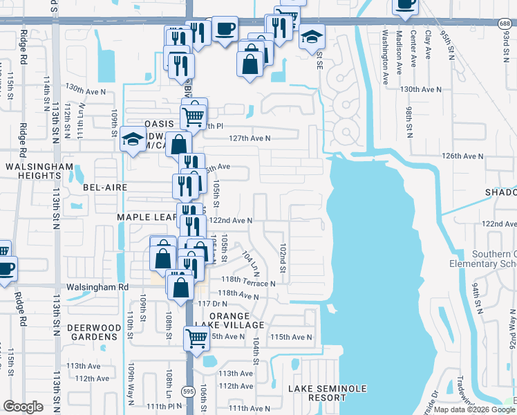 map of restaurants, bars, coffee shops, grocery stores, and more near 12276 104th Street in Largo