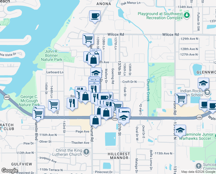 map of restaurants, bars, coffee shops, grocery stores, and more near 12255 Mallory Drive in Largo