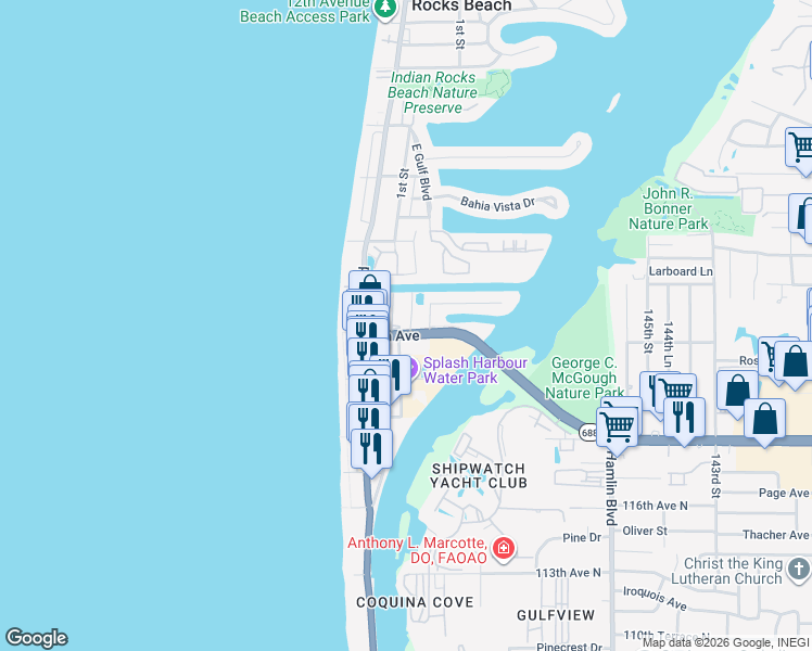 map of restaurants, bars, coffee shops, grocery stores, and more near 104 1st Street in Indian Rocks Beach