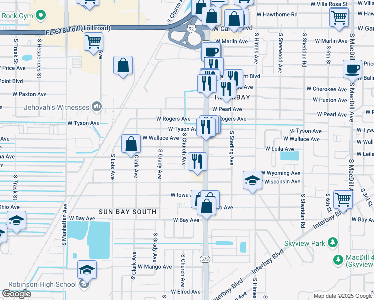 map of restaurants, bars, coffee shops, grocery stores, and more near 3808 West Wallace Avenue in Tampa