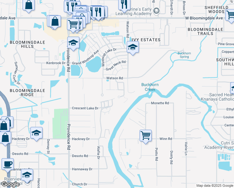map of restaurants, bars, coffee shops, grocery stores, and more near 6518 Watson Road in Riverview