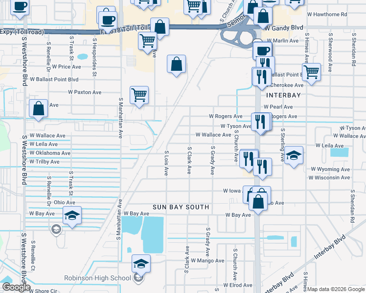 map of restaurants, bars, coffee shops, grocery stores, and more near 4109 West Leila Avenue in Tampa