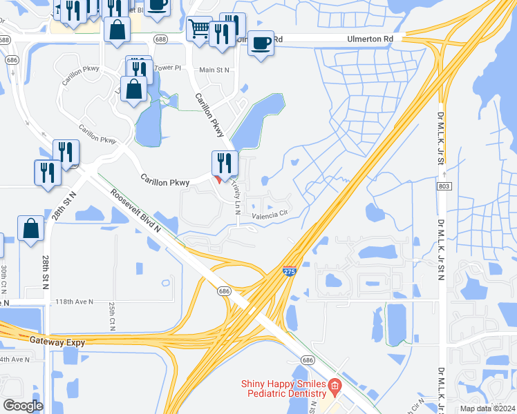 map of restaurants, bars, coffee shops, grocery stores, and more near 412 Barcelona Drive in Saint Petersburg