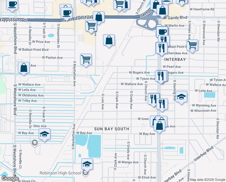 map of restaurants, bars, coffee shops, grocery stores, and more near 4109 West Leila Avenue in Tampa