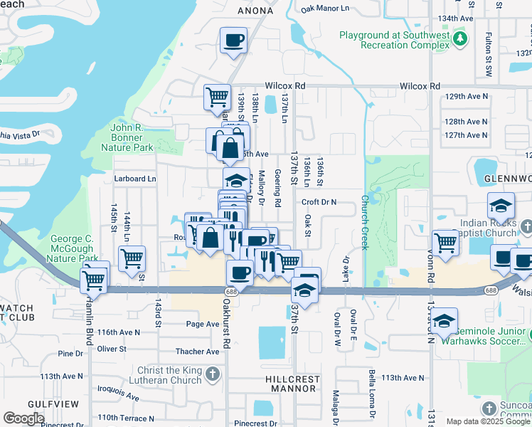 map of restaurants, bars, coffee shops, grocery stores, and more near 12255 Mallory Drive in Largo
