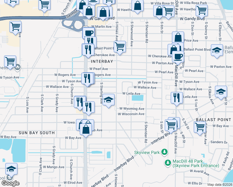 map of restaurants, bars, coffee shops, grocery stores, and more near 5505 South Himes Avenue in Tampa